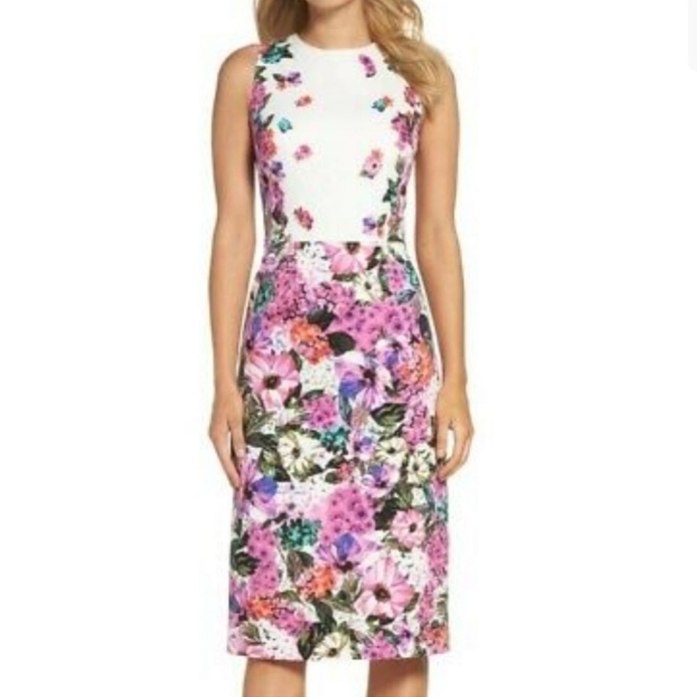 Maggy London Sheath Floral Patterned Dress Size 10 White Purple Blue